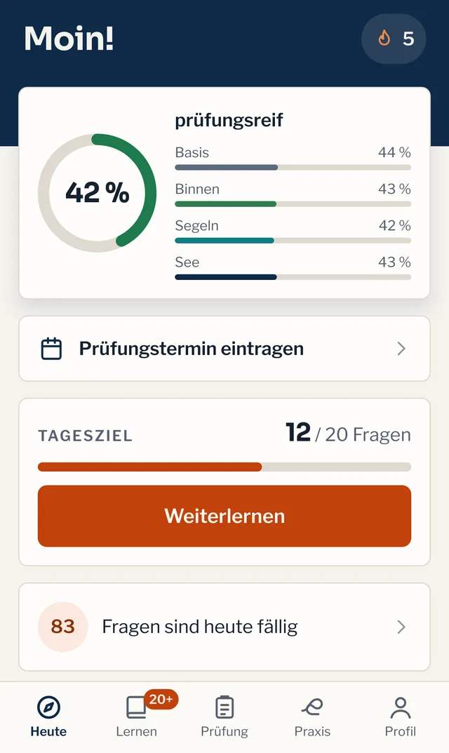 Startseite der App mit Prüfungsreife und Tagesziel